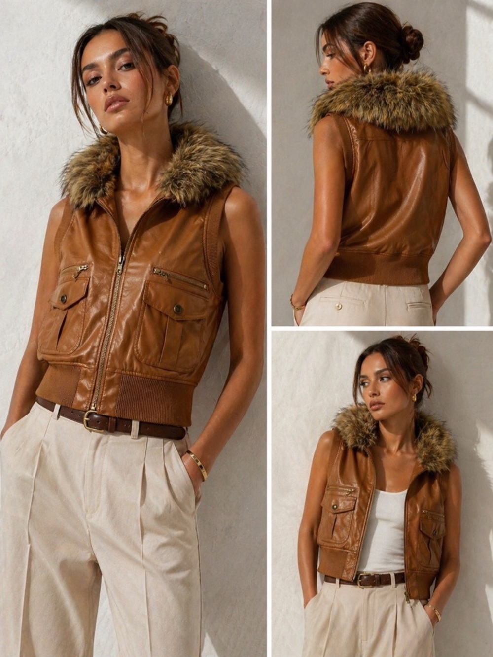River Island New Faux Leather Vest w Faux Fur Collar NWT Tan Brown XL Moto Chic